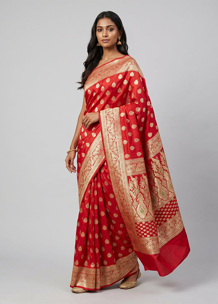 Red Handloom Banarasi Pure Silk Saree With Blouse Piece