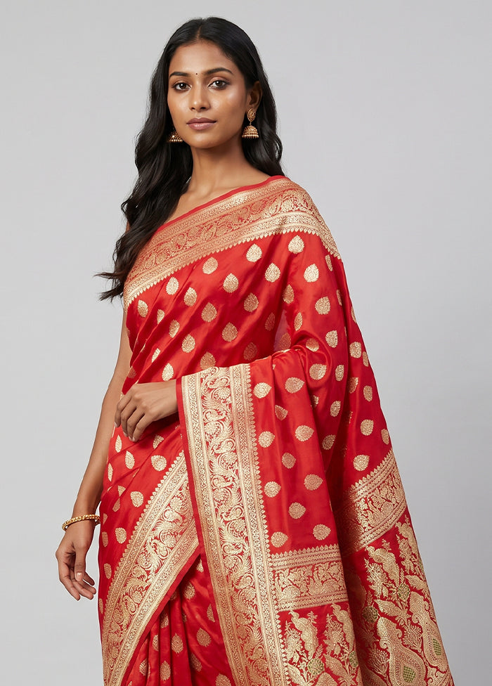 Red Handloom Banarasi Pure Silk Saree With Blouse Piece
