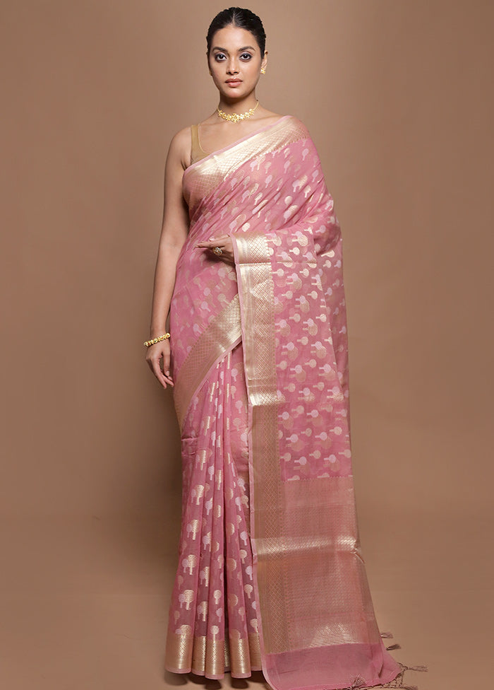 Pink Kora Silk Saree With Blouse Piece