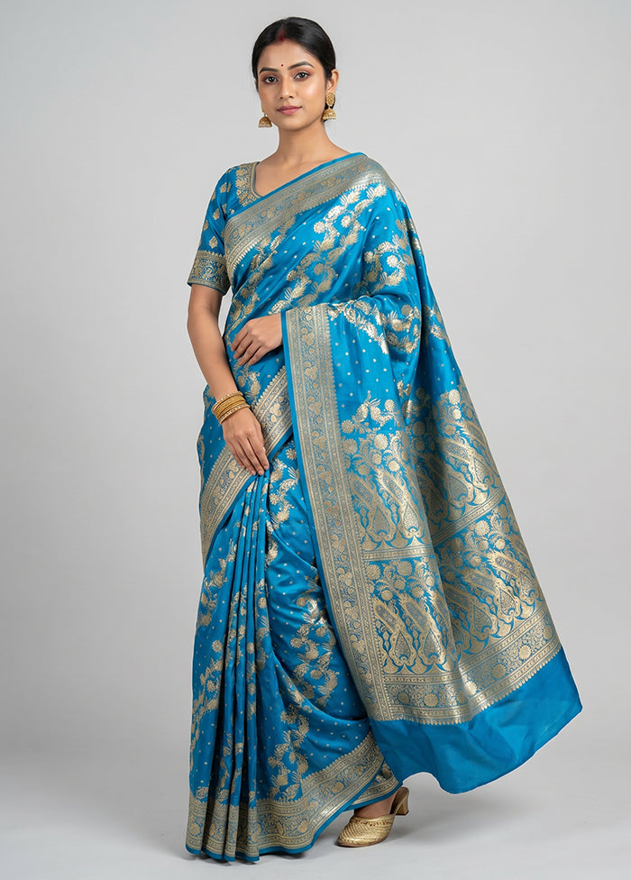 Blue Handloom Banarasi Pure Silk Saree With Blouse Piece