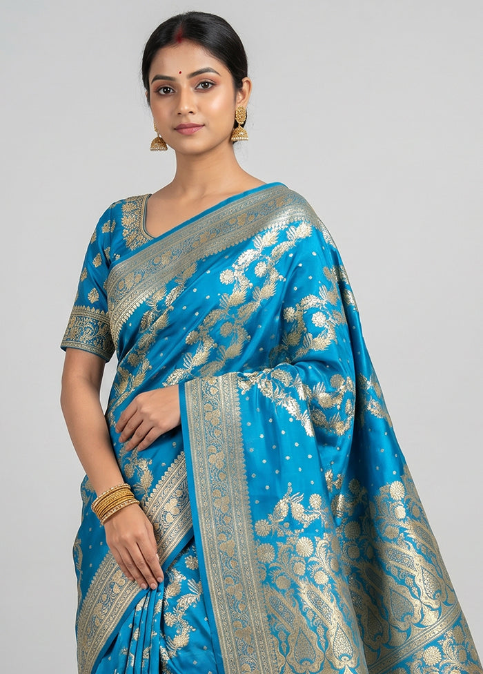 Blue Handloom Banarasi Pure Silk Saree With Blouse Piece