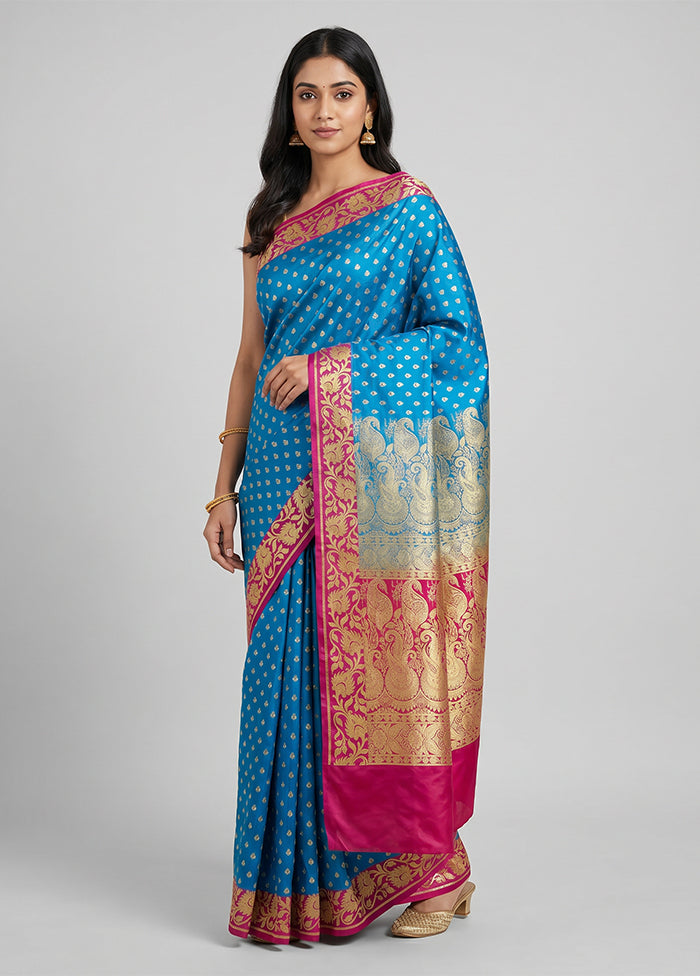 Blue Handloom Banarasi Pure Silk Saree With Blouse Piece