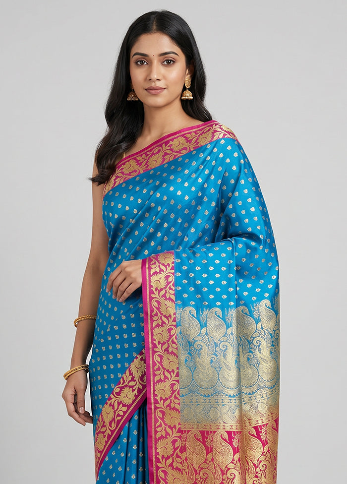 Blue Handloom Banarasi Pure Silk Saree With Blouse Piece