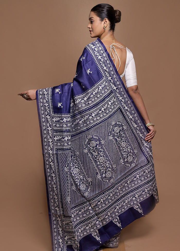 Blue Handloom Kantha Stitch Pure Silk Saree With Blouse Piece