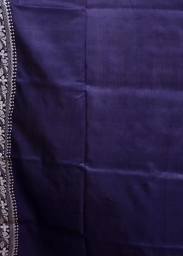 Blue Handloom Kantha Stitch Pure Silk Saree With Blouse Piece