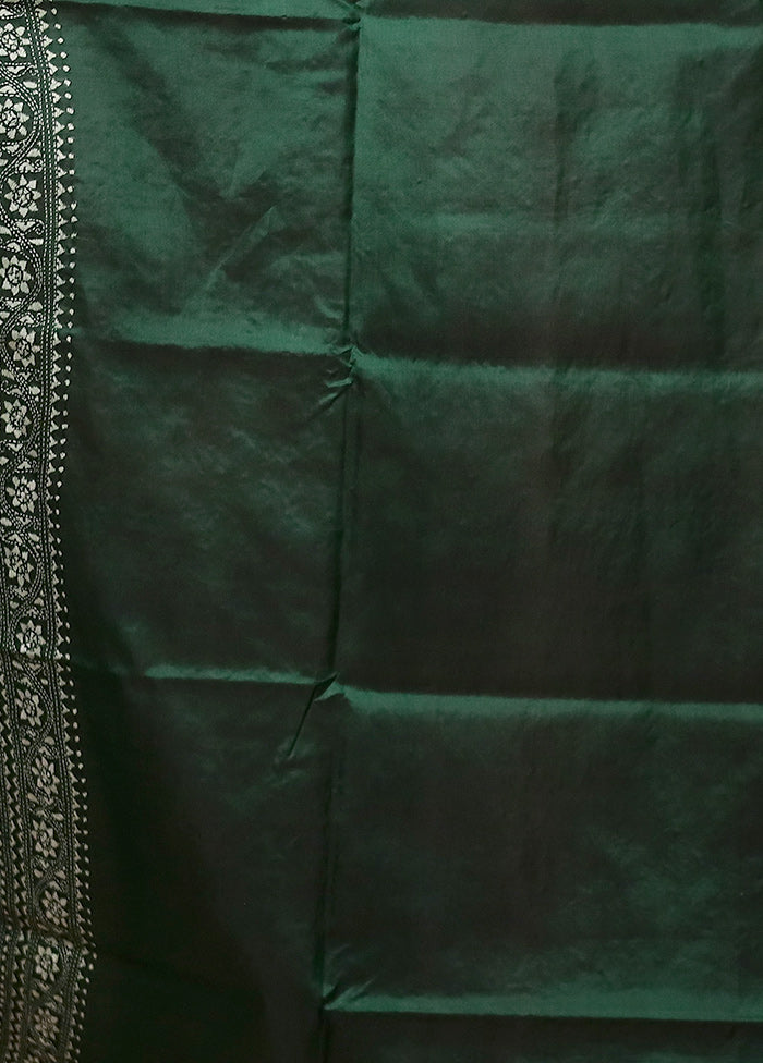 Green Handloom Kantha Stitch Pure Silk Saree With Blouse Piece