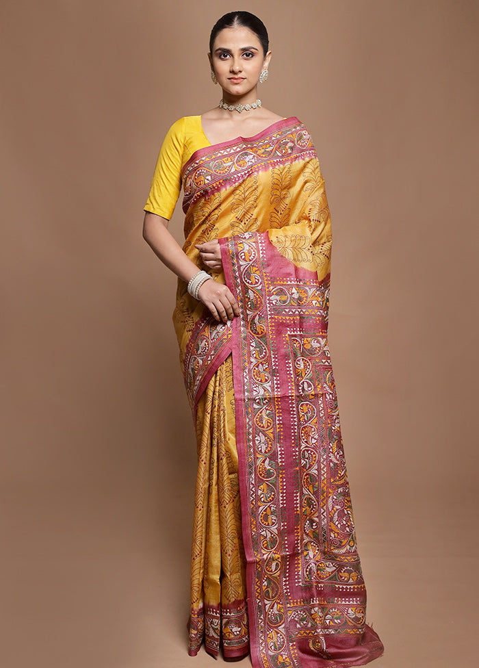 Pink Handloom Kantha Stitch Pure Silk Saree With Blouse Piece