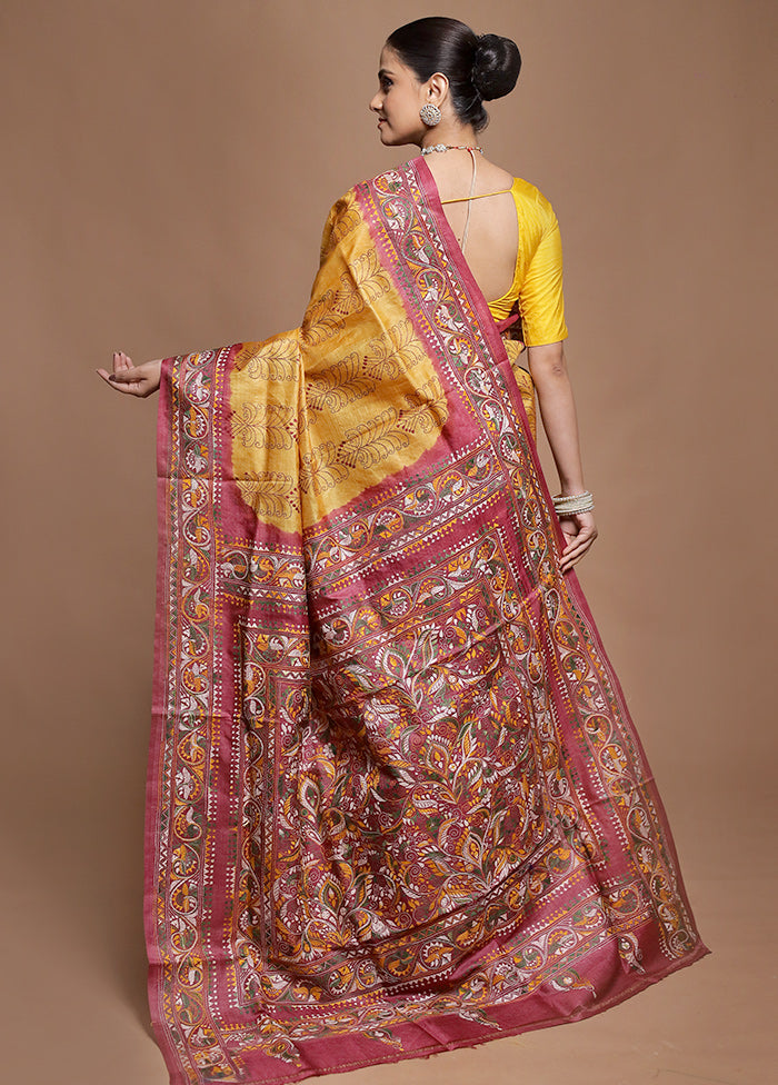 Pink Handloom Kantha Stitch Pure Silk Saree With Blouse Piece