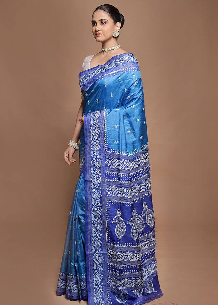Blue Handloom Kantha Stitch Pure Silk Saree With Blouse Piece