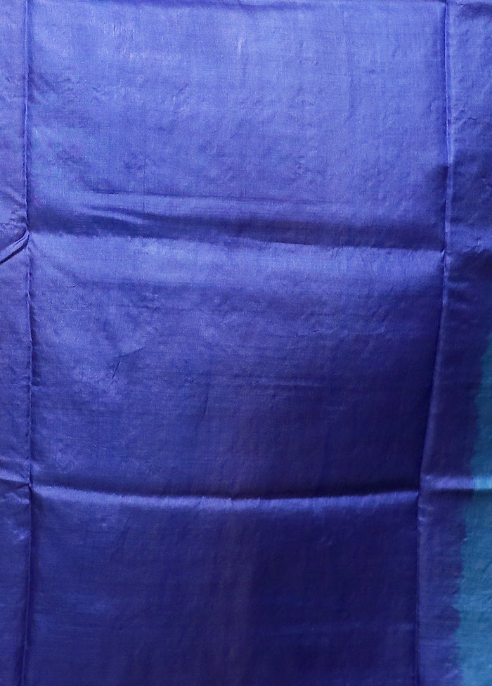 Blue Handloom Kantha Stitch Pure Silk Saree With Blouse Piece