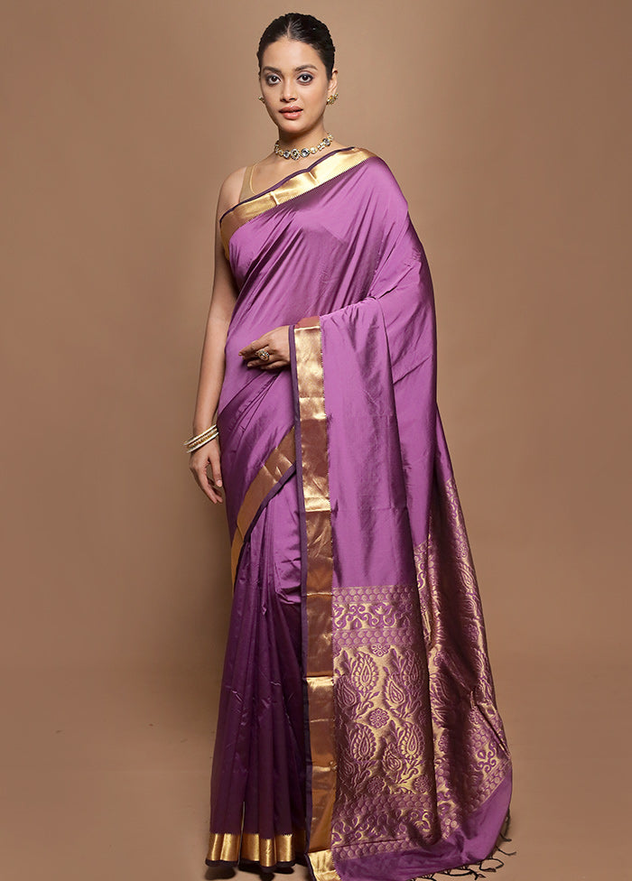 Purple Kanjivaram Silk Saree With Blouse Piece