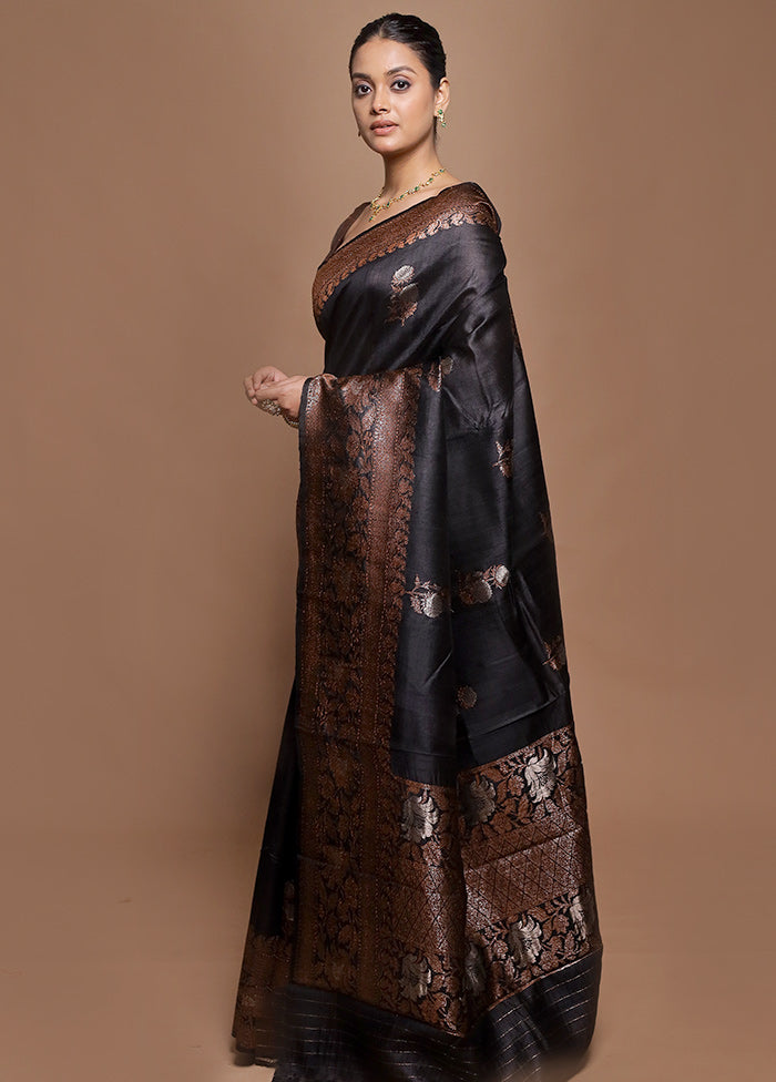 Black Handloom Tussar Pure Silk Saree With Blouse Piece