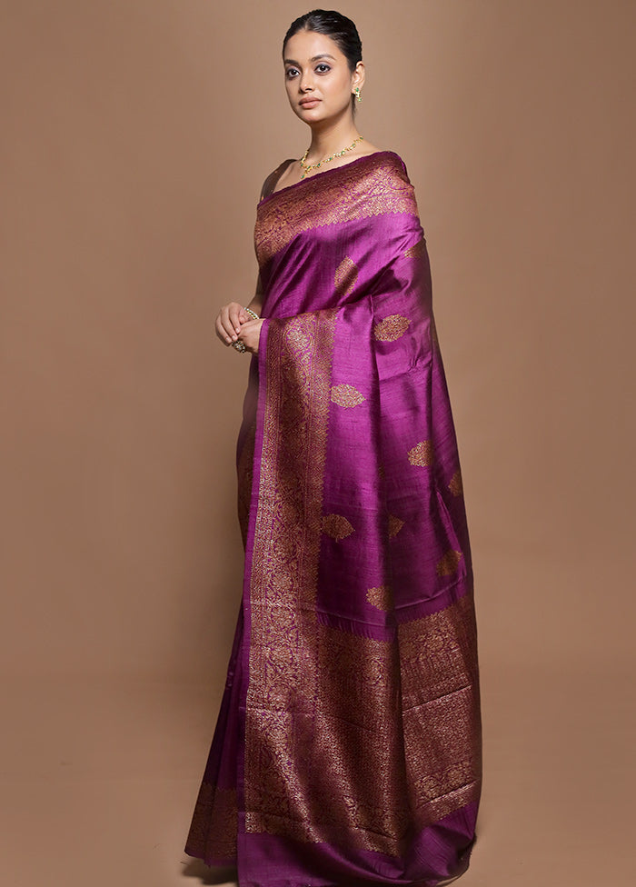 Purple Handloom Tussar Pure Silk Saree With Blouse Piece