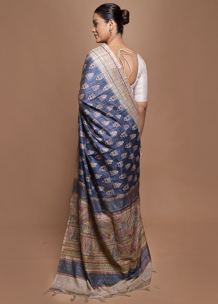 Blue Tussar Silk Saree With Blouse Piece