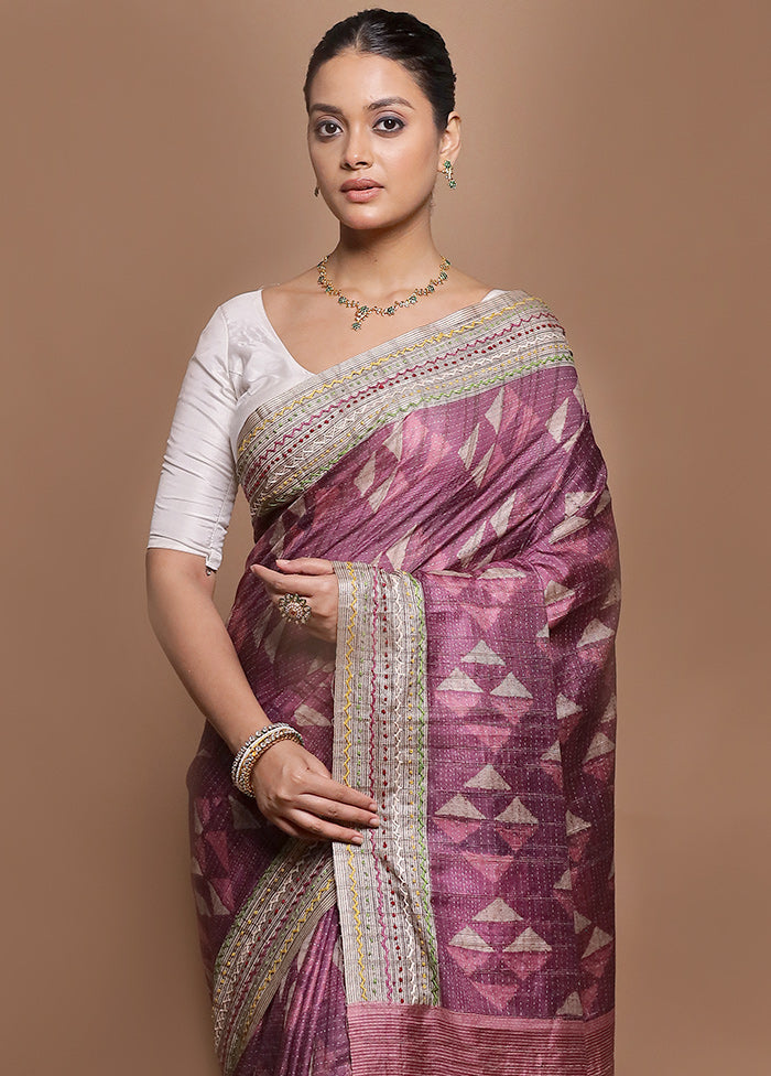 Purple Tussar Silk Saree With Blouse Piece