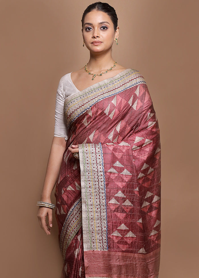Pink Tussar Silk Saree With Blouse Piece