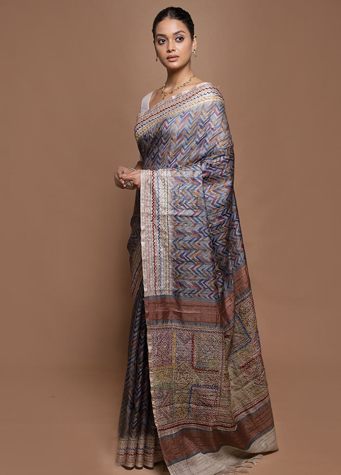 Blue Tussar Silk Saree With Blouse Piece