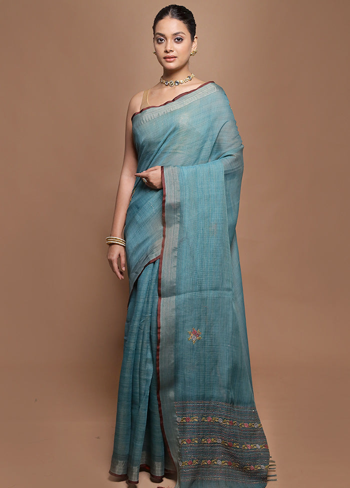 Green Linen Silk Saree With Blouse Piece