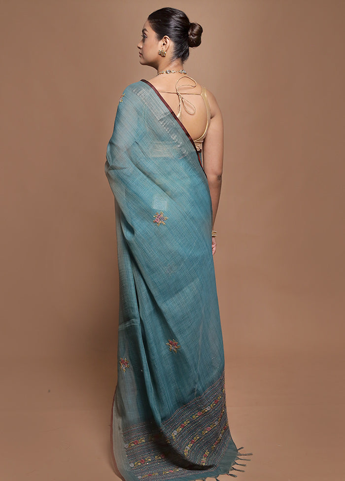 Green Linen Silk Saree With Blouse Piece