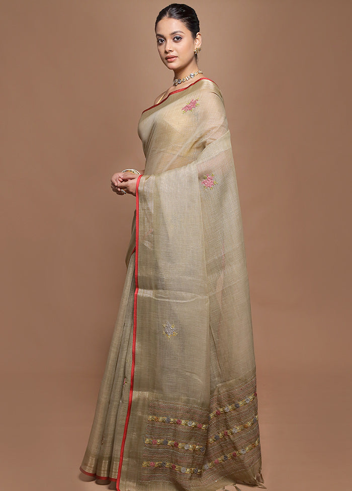 Cream Linen Silk Saree With Blouse Piece