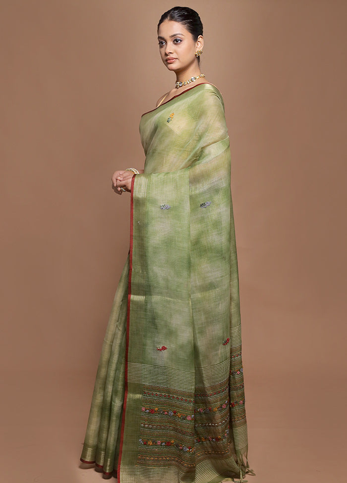 Green Linen Silk Saree With Blouse Piece