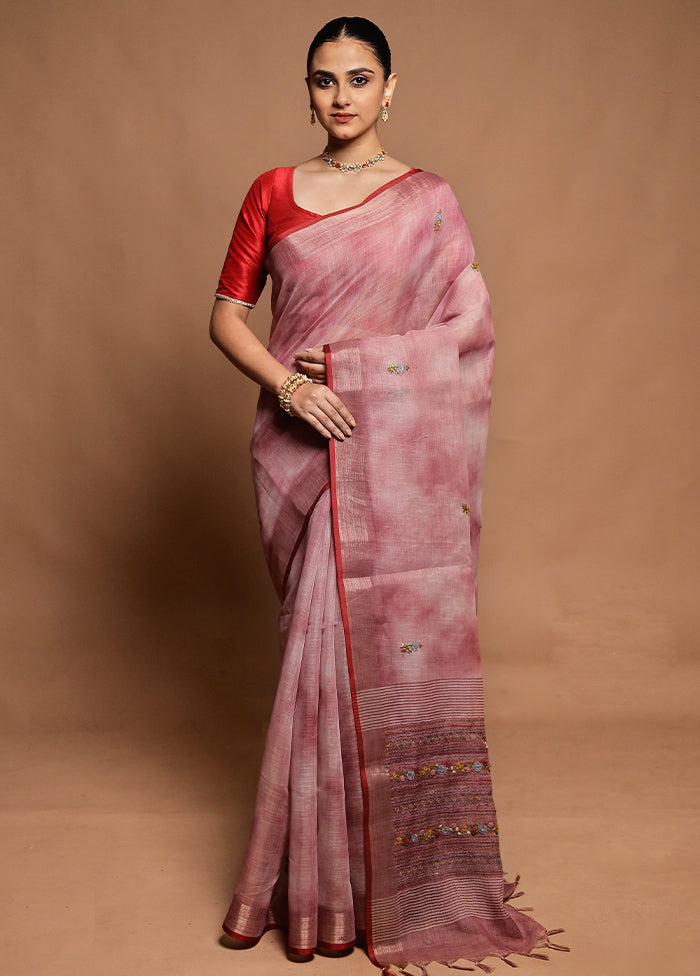 Pink Linen Silk Saree With Blouse Piece