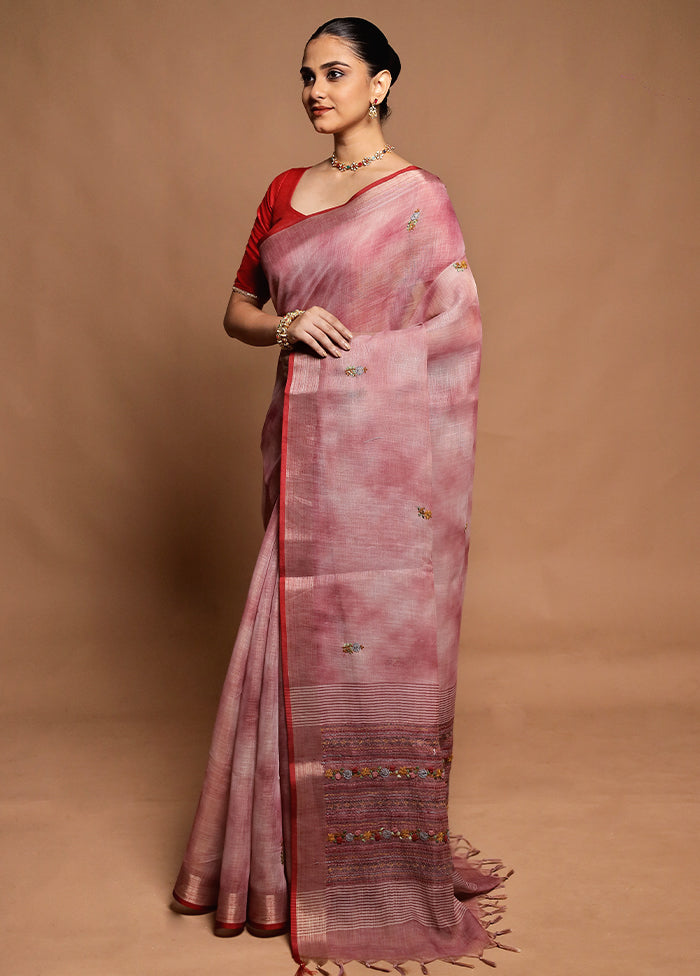 Pink Linen Silk Saree With Blouse Piece