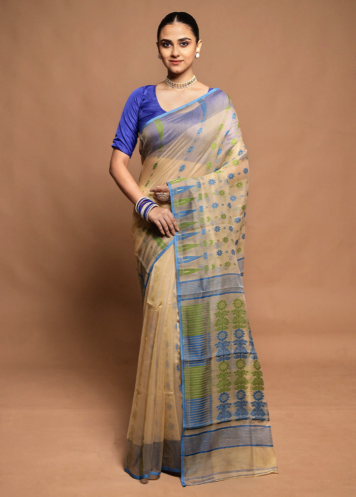 Cream Tant Jamdani Saree Without Blouse Piece
