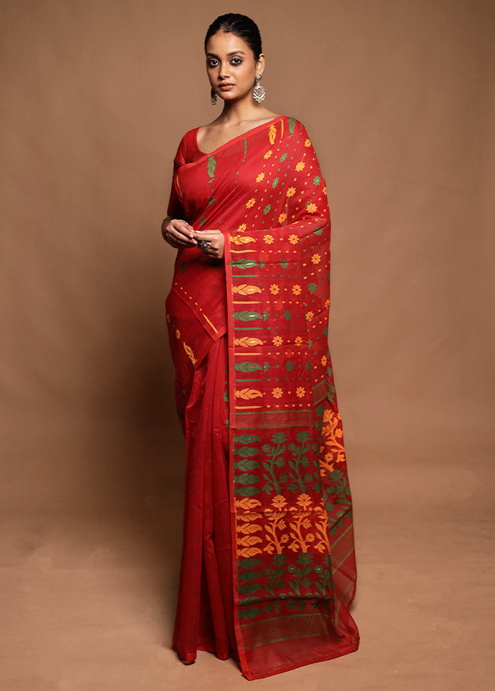 Red Tant Jamdani Saree Without Blouse Piece