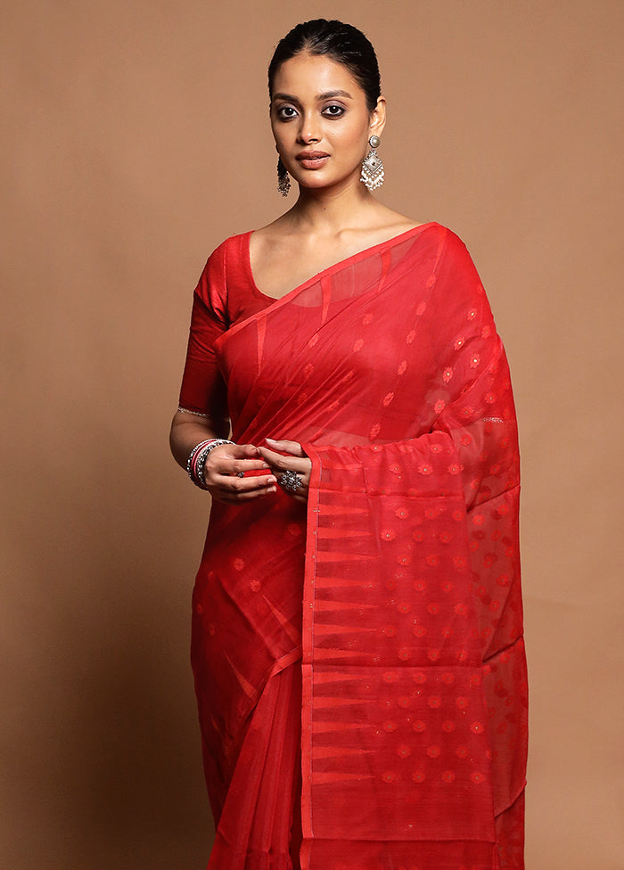 Red Tant Jamdani Saree Without Blouse Piece