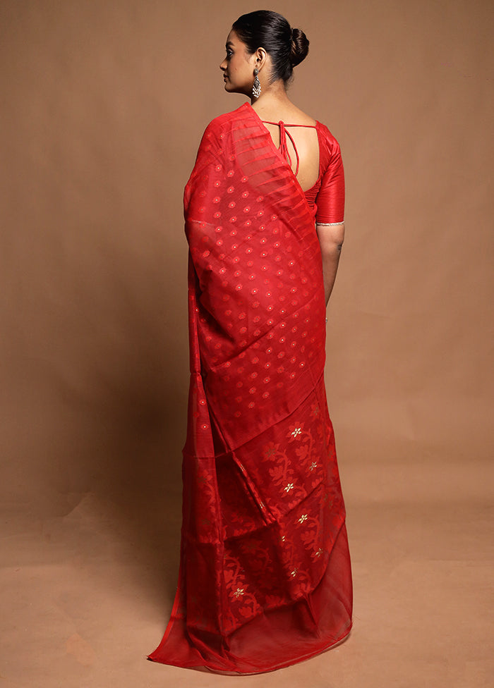 Red Tant Jamdani Saree Without Blouse Piece