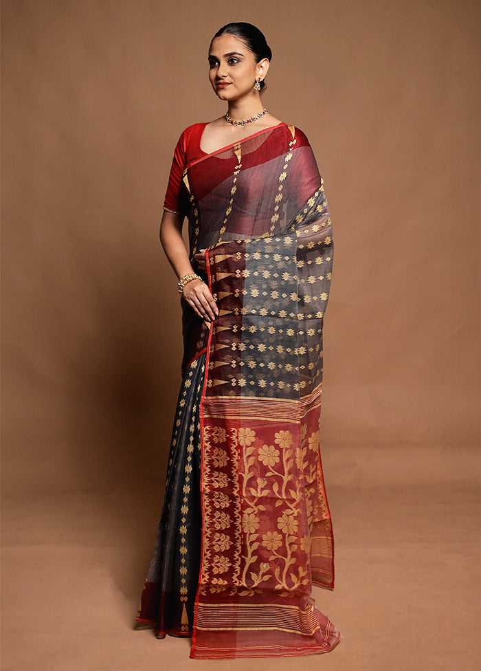 Maroon Tant Jamdani Saree Without Blouse Piece