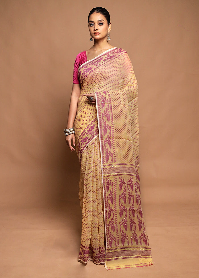 Cream Tant Jamdani Saree Without Blouse Piece