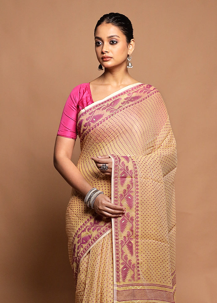 Cream Tant Jamdani Saree Without Blouse Piece