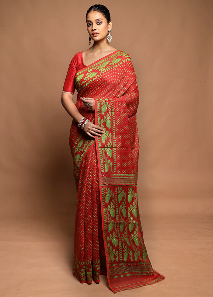 Red Tant Jamdani Saree Without Blouse Piece