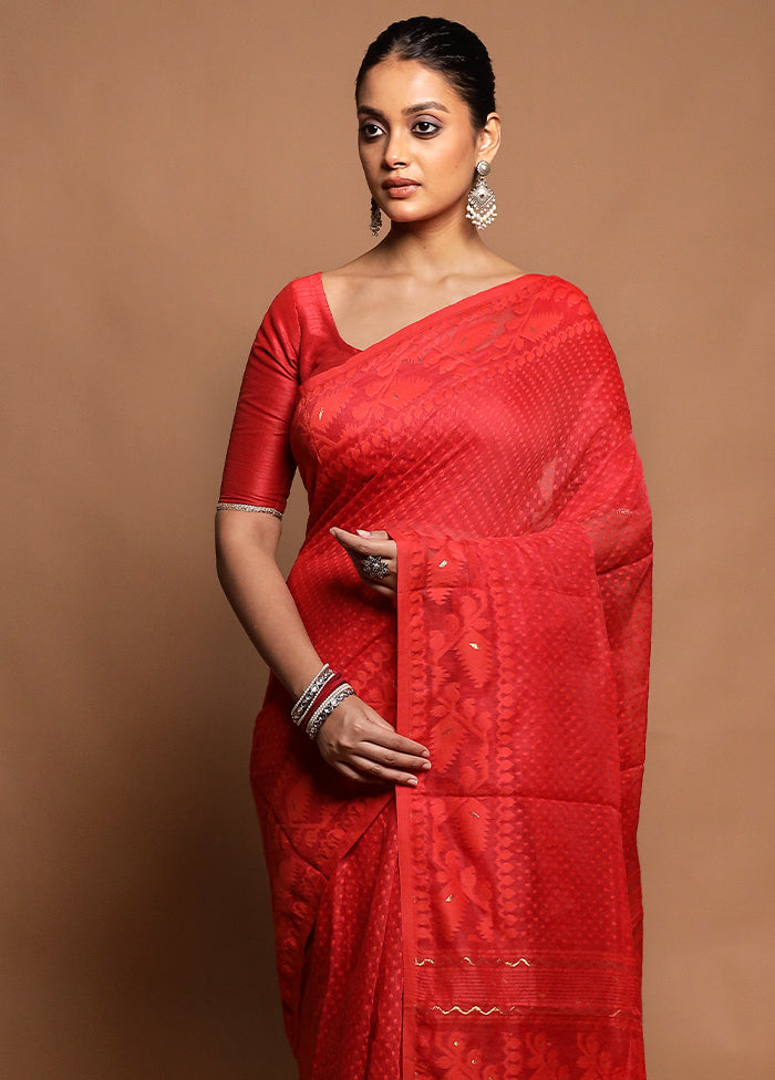 Red Tant Jamdani Saree Without Blouse Piece
