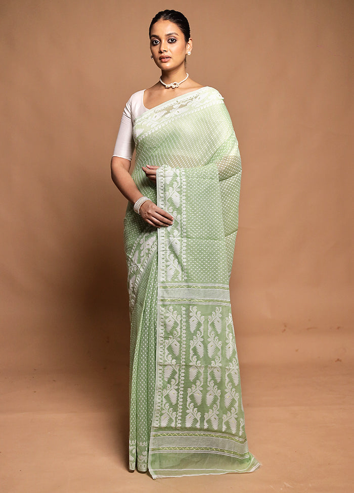 Green Tant Jamdani Saree Without Blouse Piece