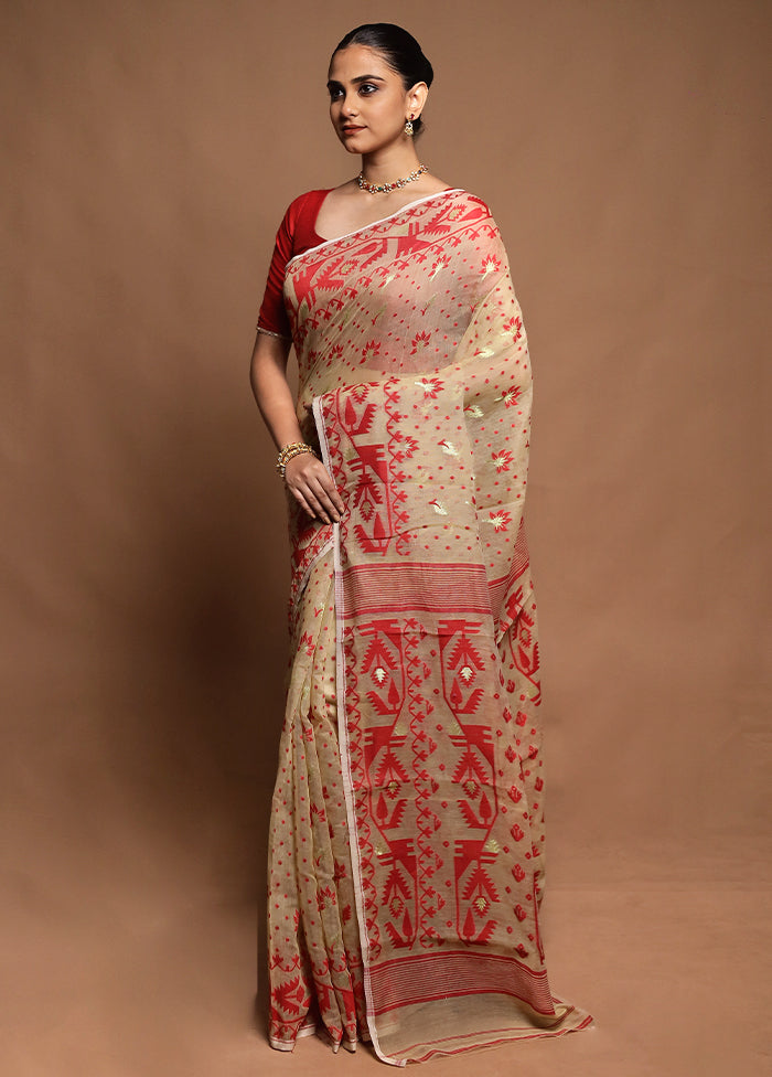 Cream Tant Jamdani Saree Without Blouse Piece
