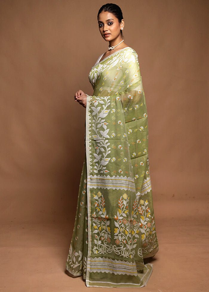 Green Tant Jamdani Saree Without Blouse Piece