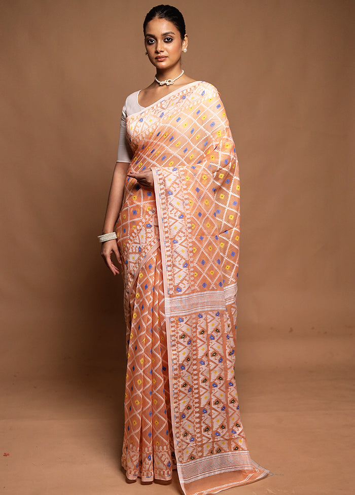 Peach Tant Jamdani Saree Without Blouse Piece