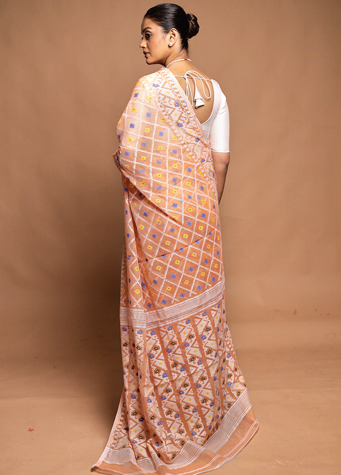 Peach Tant Jamdani Saree Without Blouse Piece