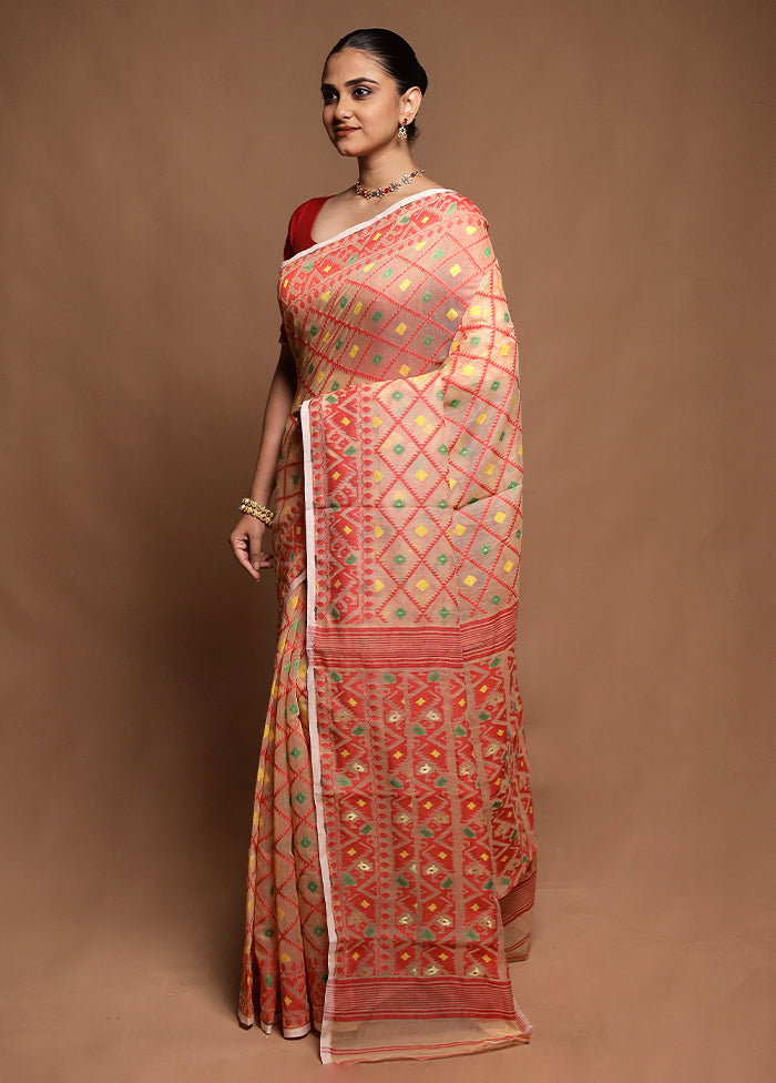 Cream Tant Jamdani Saree Without Blouse Piece