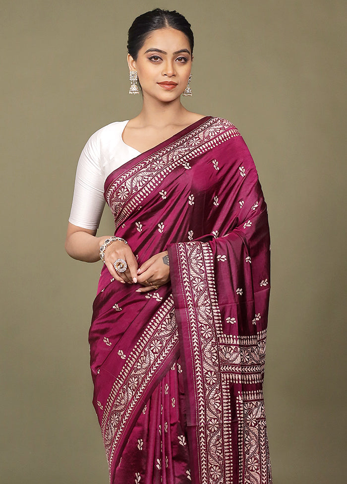 Purple Handloom Kantha Stitch Pure Silk Saree With Blouse Piece