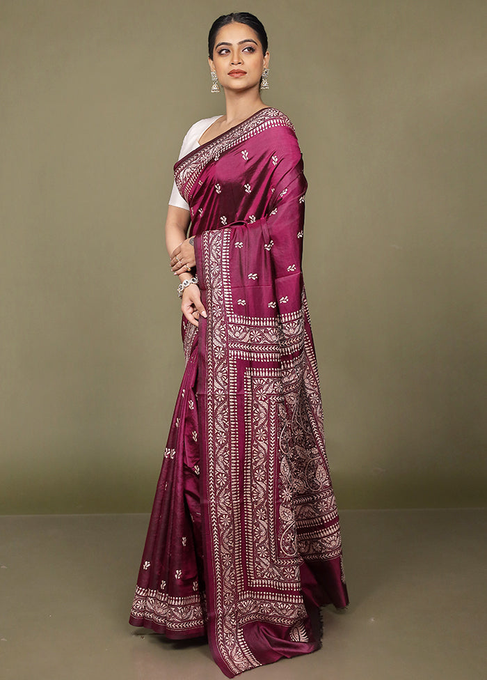 Purple Handloom Kantha Stitch Pure Silk Saree With Blouse Piece