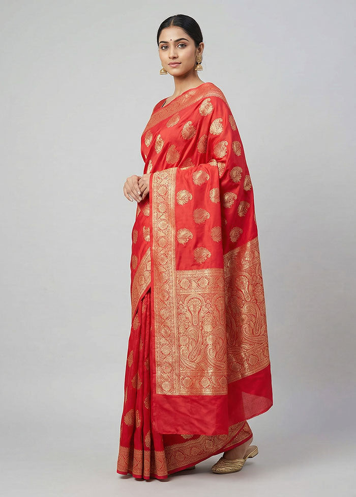 Red Dupion Silk Saree With Blouse Piece