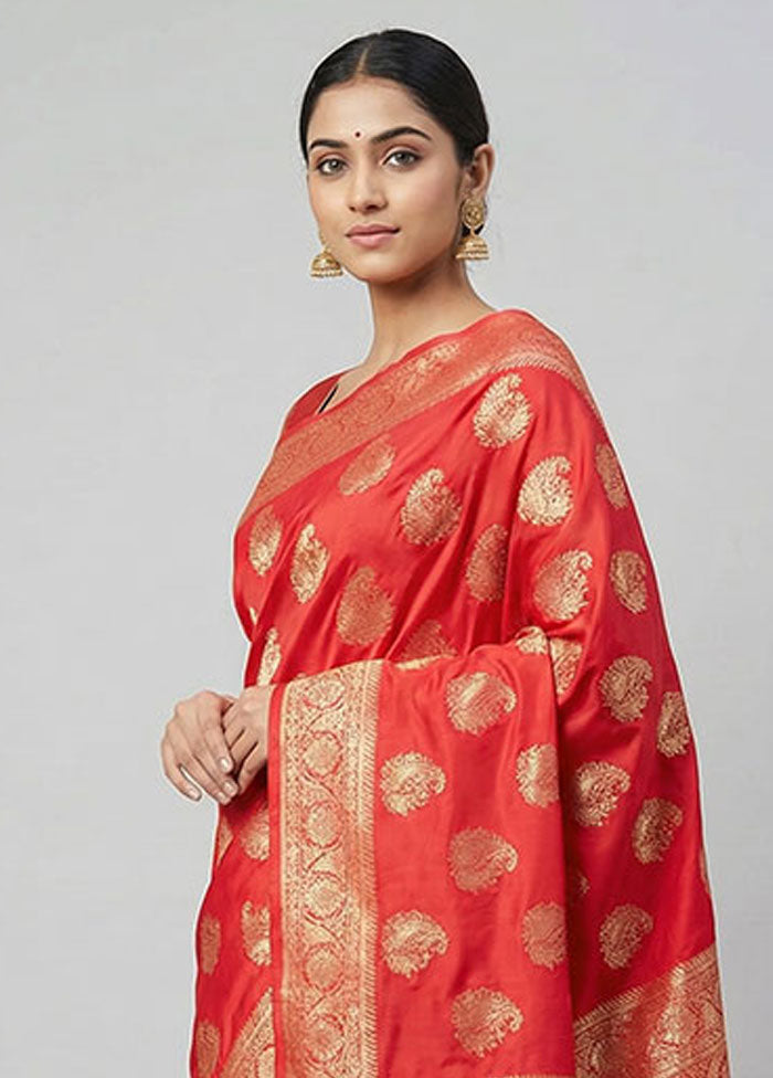 Red Dupion Silk Saree With Blouse Piece