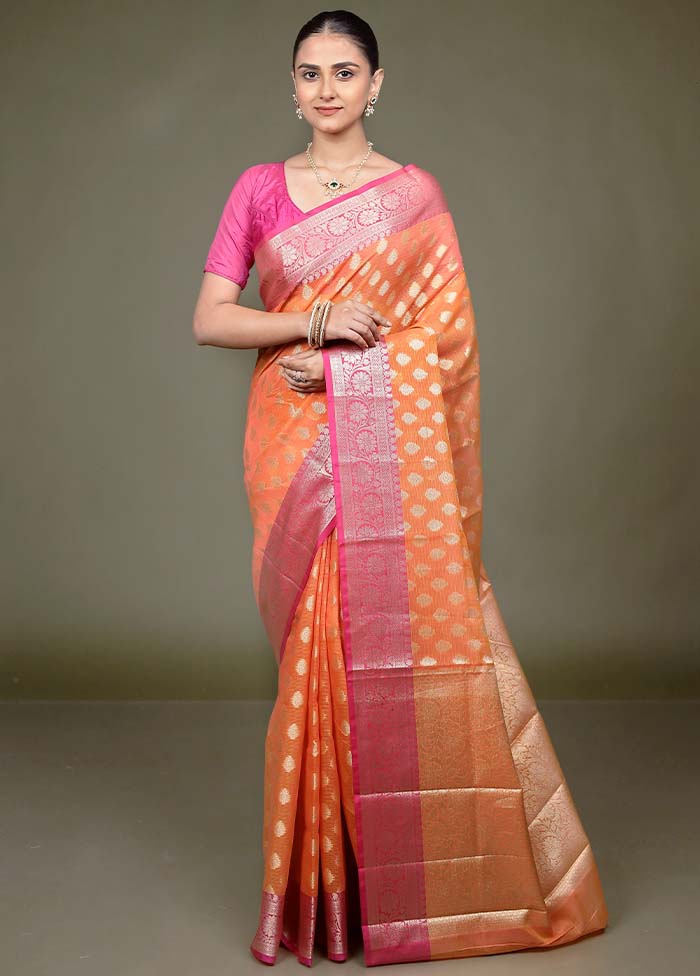 Orange Kora Silk Saree With Blouse Piece