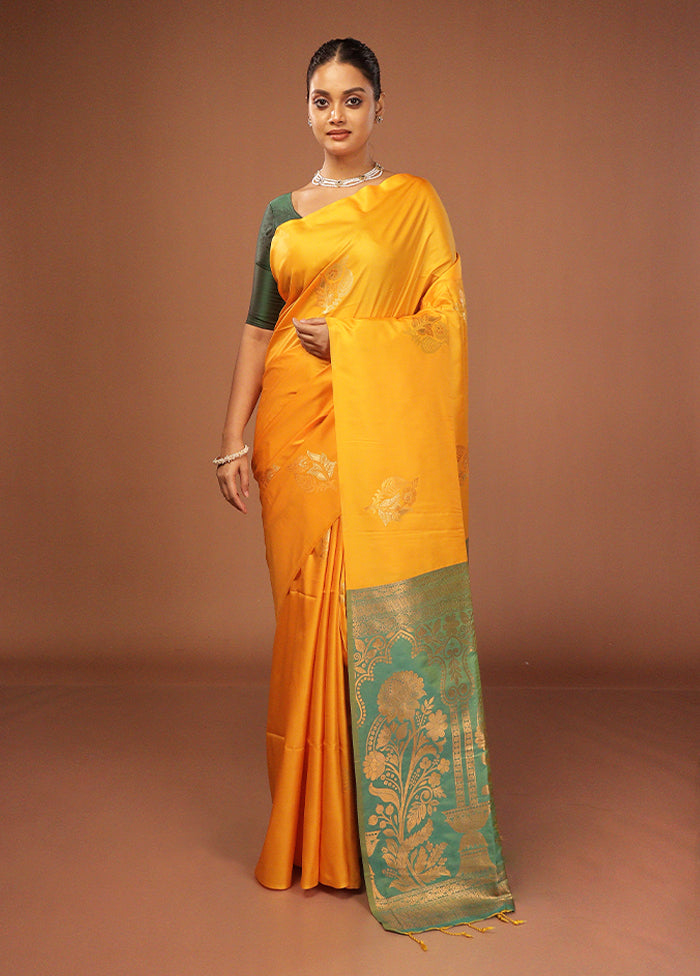 Yellow Dupion Silk Saree With Blouse Piece