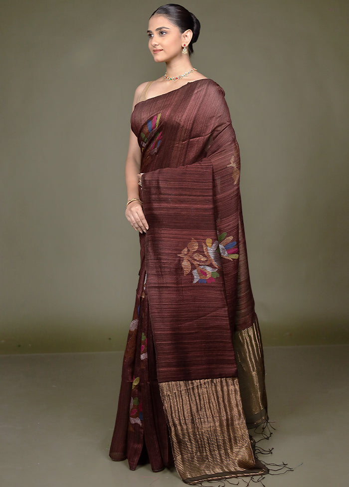 Brown Handloom Matka Pure Silk Saree With Blouse Piece