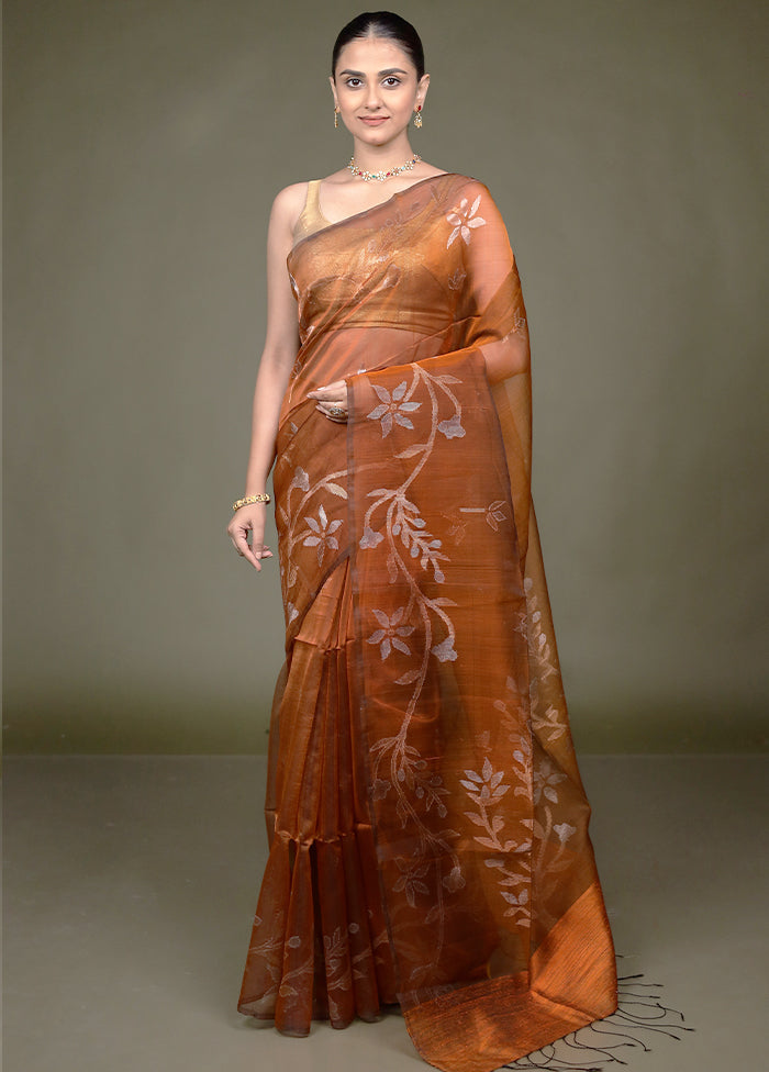 Rust Handloom Matka Pure Silk Saree With Blouse Piece
